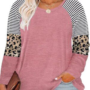 ROSRISS Women's 14W Plus Size Long Sleeve Pink Top Leopard Print Striped Color B